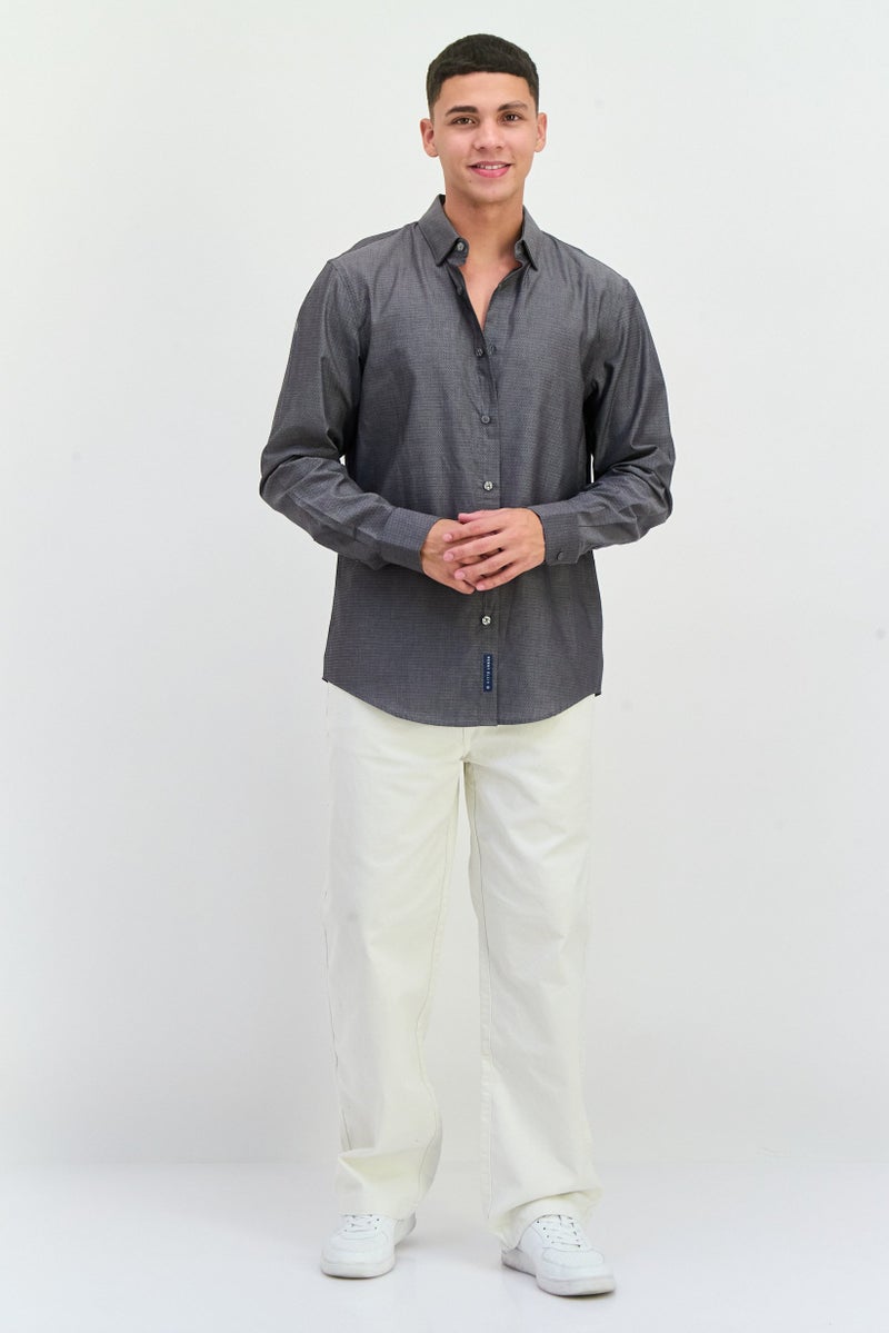 PERRY ELLIS Men Slim Fit Herringbone Print Long Sleeves Casual Shirt, Black - Image 4