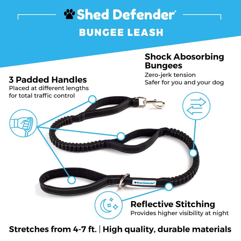 Shed Defender Shock Absorbing Bungee Leash - Three Padded Traffic Handles, Designed in The USA, Stretches 4-7ft, Elastic Dog Leash, Reflective Stitching, Large Dog & Small Breed, Heavy Duty, Black - Image 2