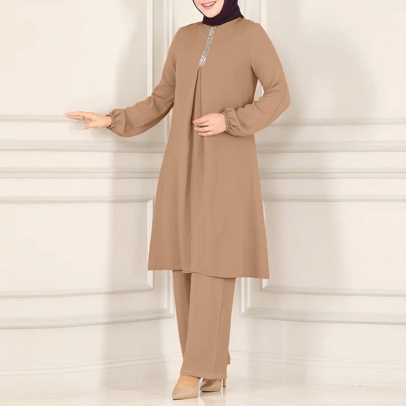 Elegant Long Sleeve Shirt  Wide Leg Pants Set Khaki - Image 1