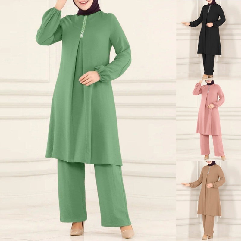 Elegant Long Sleeve Shirt  Wide Leg Pants Set Khaki - Image 2