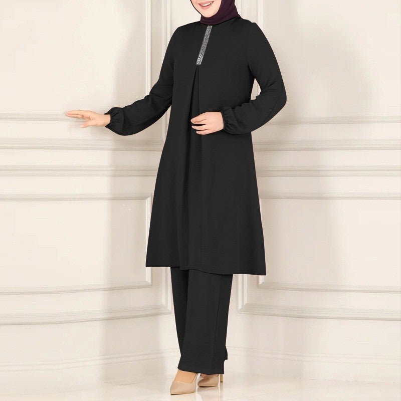 Elegant Long Sleeve Shirt  Wide Leg Pants Set Khaki - Image 4
