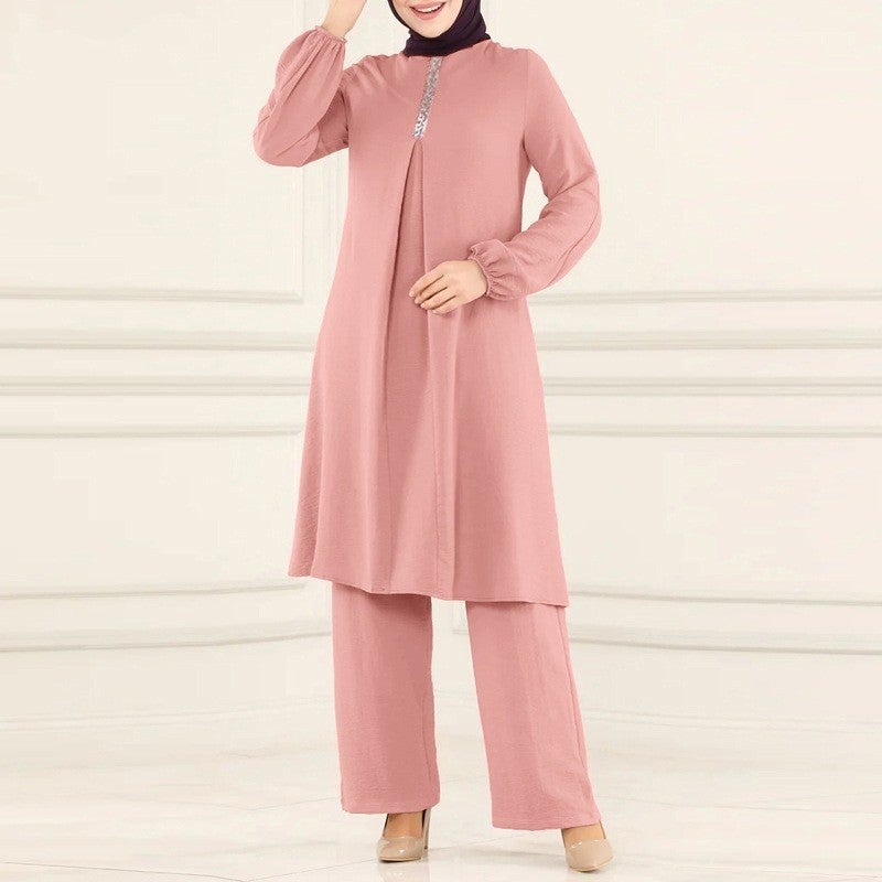 Elegant Long Sleeve Shirt  Wide Leg Pants Set Khaki - Image 5