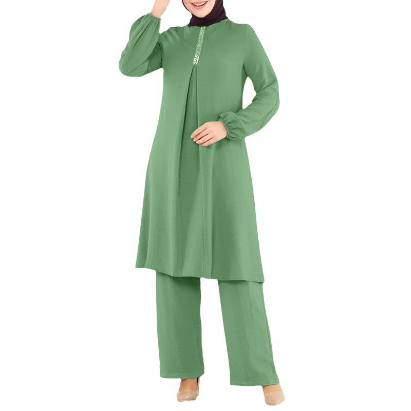 Elegant Long Sleeve Shirt  Wide Leg Pants Set Khaki
