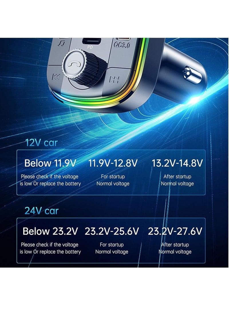 ELTRAZONE Car FM Transmitter,Car Fast Charger Bluetooth 5.0 FM Transmitter QC 3.0 and Type C PD Functional Car Kit 2 USB Ports Support Hands-Free Calls,7Colorful LED Backlit,Support U Disk & TF Card (Black) - Image 5