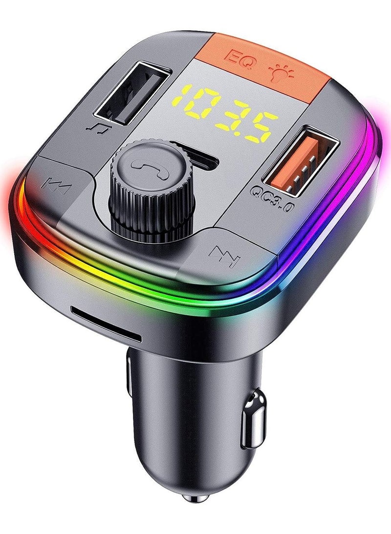 ELTRAZONE Car FM Transmitter,Car Fast Charger Bluetooth 5.0 FM Transmitter QC 3.0 and Type C PD Functional Car Kit 2 USB Ports Support Hands-Free Calls,7Colorful LED Backlit,Support U Disk & TF Card (Black) - Image 1