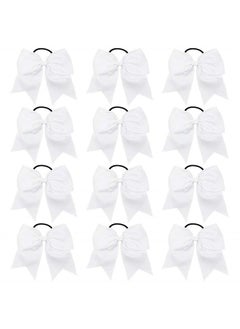 12PCS 8" Large Cheer Hair Bows Ponytail Holder Handmade for Teen Girls Softball Cheerleader Sports-White