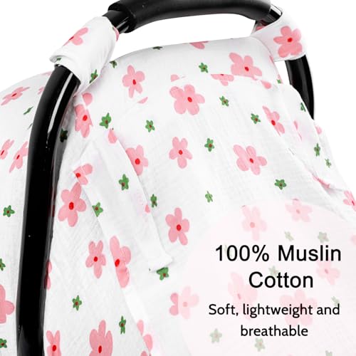 Hooyax Muslin Car Seat Cover Baby - Breathable and Privacy Car Seat Canopy with 3 Modes - Easy Install & Gift Box Packaging, Universal Fit for Infant Car Seats, Pink Flower - Image 2