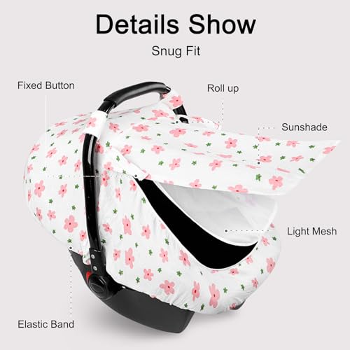 Hooyax Muslin Car Seat Cover Baby - Breathable and Privacy Car Seat Canopy with 3 Modes - Easy Install & Gift Box Packaging, Universal Fit for Infant Car Seats, Pink Flower - Image 4