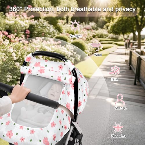 Hooyax Muslin Car Seat Cover Baby - Breathable and Privacy Car Seat Canopy with 3 Modes - Easy Install & Gift Box Packaging, Universal Fit for Infant Car Seats, Pink Flower - Image 3