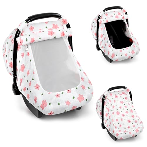 Hooyax Muslin Car Seat Cover Baby - Breathable and Privacy Car Seat Canopy with 3 Modes - Easy Install & Gift Box Packaging, Universal Fit for Infant Car Seats, Pink Flower - Image 1