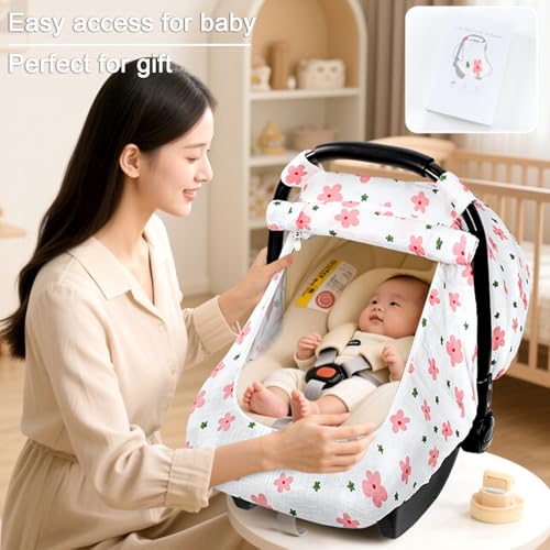Hooyax Muslin Car Seat Cover Baby - Breathable and Privacy Car Seat Canopy with 3 Modes - Easy Install & Gift Box Packaging, Universal Fit for Infant Car Seats, Pink Flower - Image 5