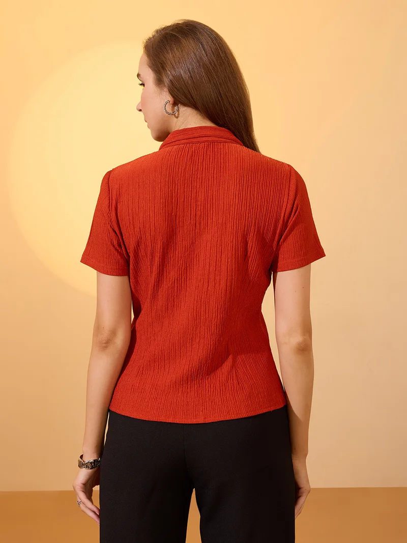 globus Women Rust Self Design Notch Lapel Collar Short Sleeves Work Wear Shirt
