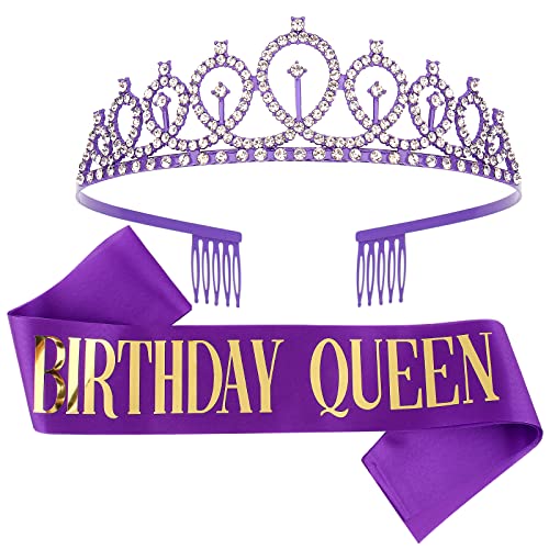 CIEHER Purple Birthday Decorations Queen Crown Tiara Kit Sash 16th70th Birthday Gifts for Women - Image 1