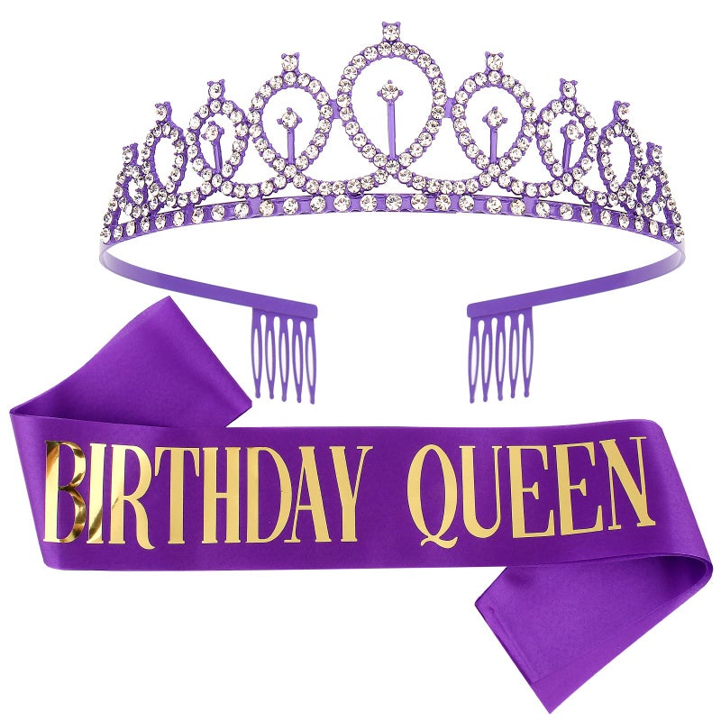 CIEHER Purple Birthday Decorations Queen Crown Tiara Kit Sash 16th70th Birthday Gifts for Women - Image 2
