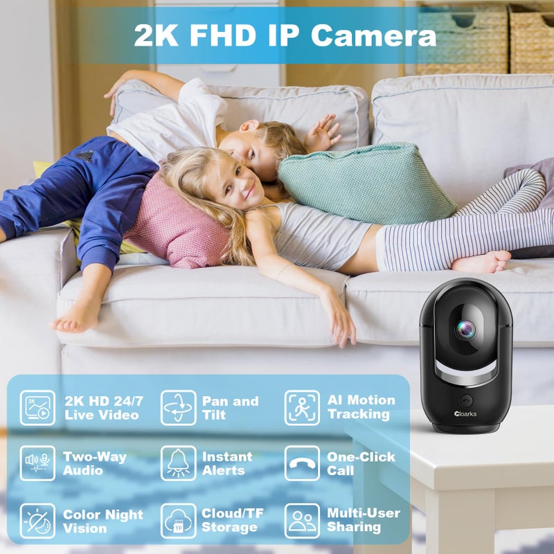 Cloarks 2K Pan/Tilt Security Camera, WiFi Indoor Cameras for Home Security with AI Motion Detection, Pet/Dog/Baby Camera with Phone App, 2-Way Audio, 24/7, Siren, TF/Cloud Storageï¼ŒBlack - Image 2