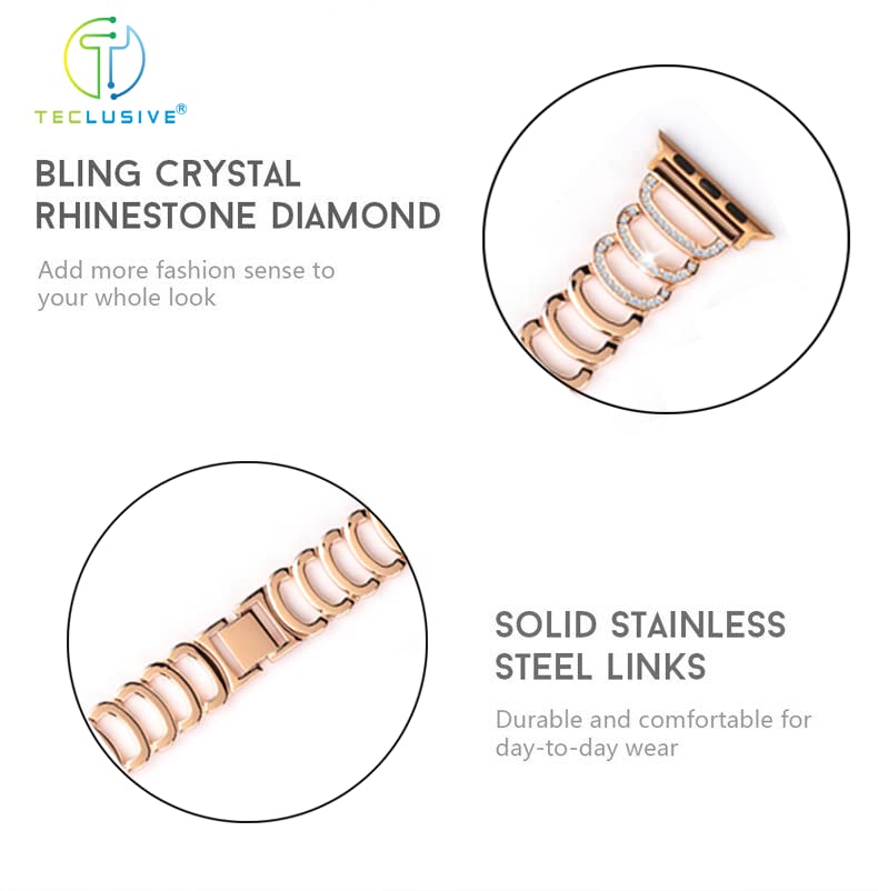 T TECLUSIVE Ultra Luxury Diamond Shinning Glitter Metal Strap Band Compatible for iWatch Series Ultra / 10 / - 8/7 / 6 / SE / 5/4 / 3 | Fancy Chain Strap for iWatch (49mm/45mm/44mm/42mm, Rose Gold) - Image 3