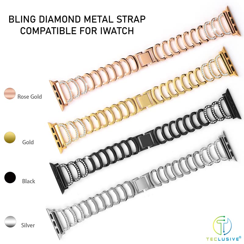 T TECLUSIVE Ultra Luxury Diamond Shinning Glitter Metal Strap Band Compatible for iWatch Series Ultra / 10 / - 8/7 / 6 / SE / 5/4 / 3 | Fancy Chain Strap for iWatch (49mm/45mm/44mm/42mm, Rose Gold) - Image 2