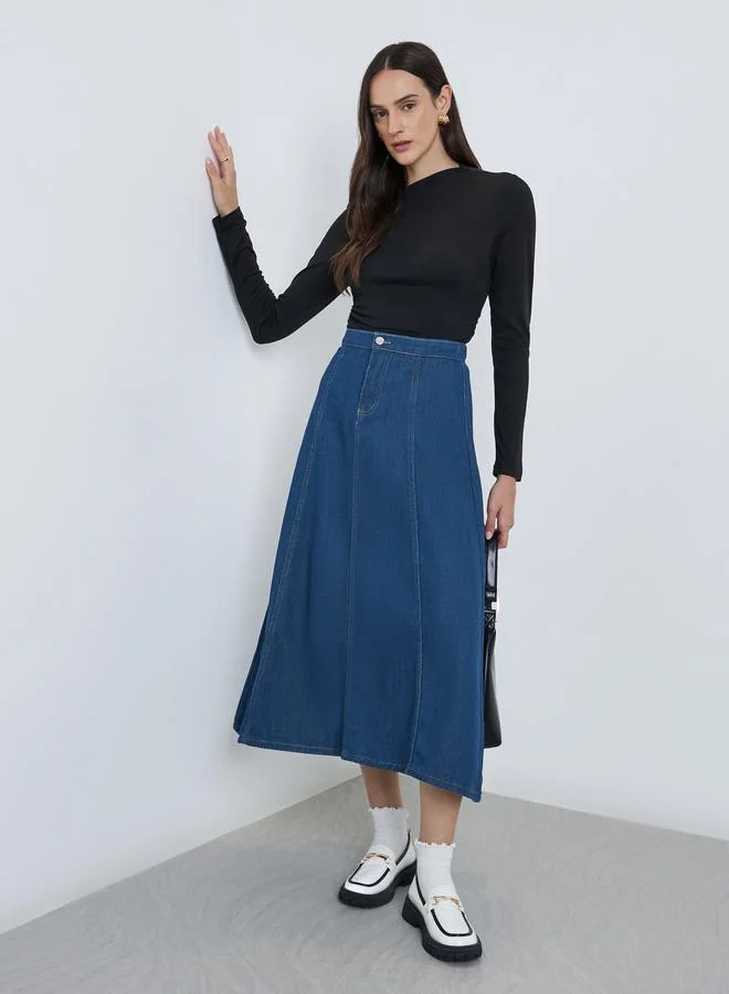 Styli Dark Blue A-Line Midi Denim Skirt