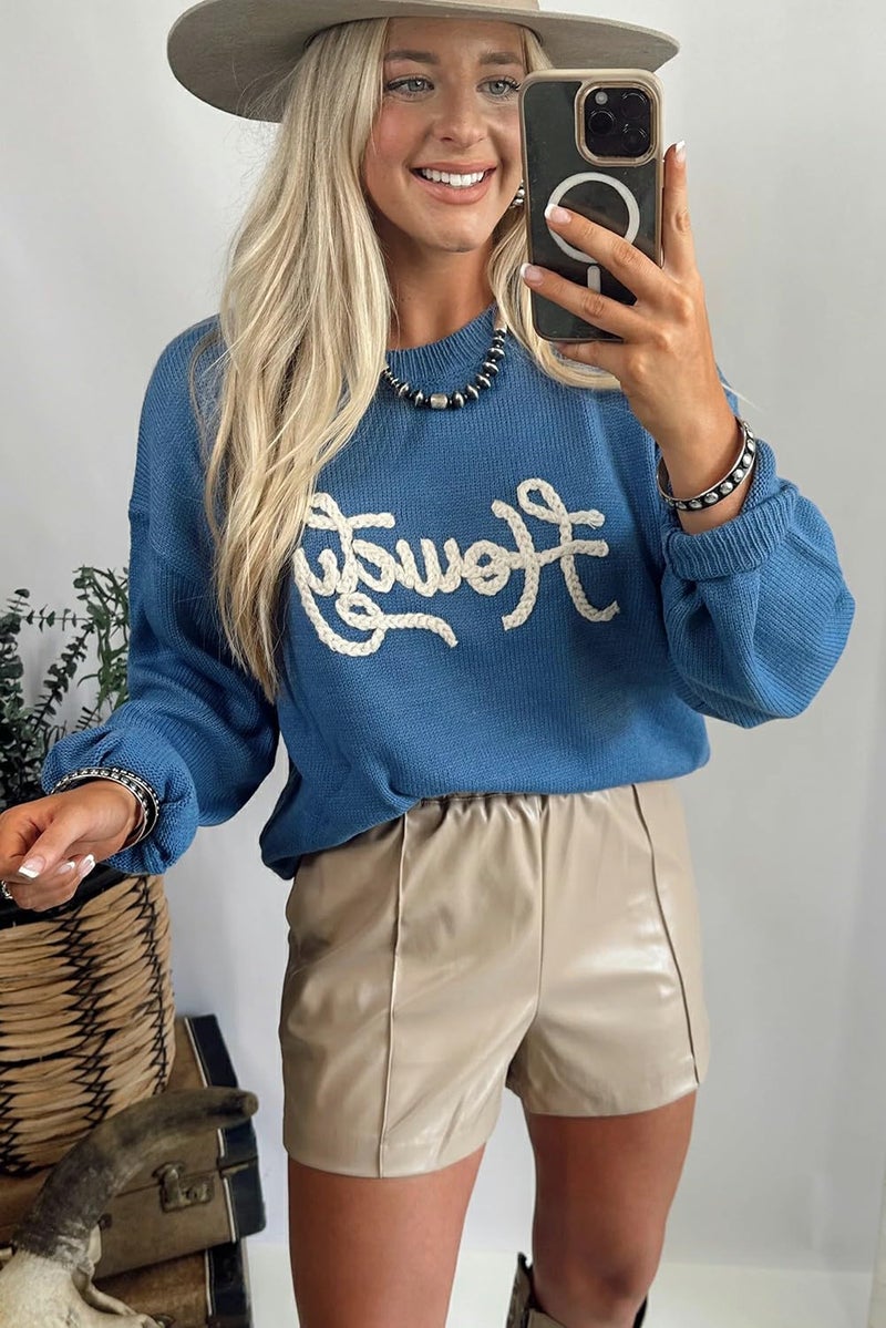 Urchics Womens Casual Pullover Sweater Bows Print Embroidered Graphic Western Sweater Dusk Blue - Image 4