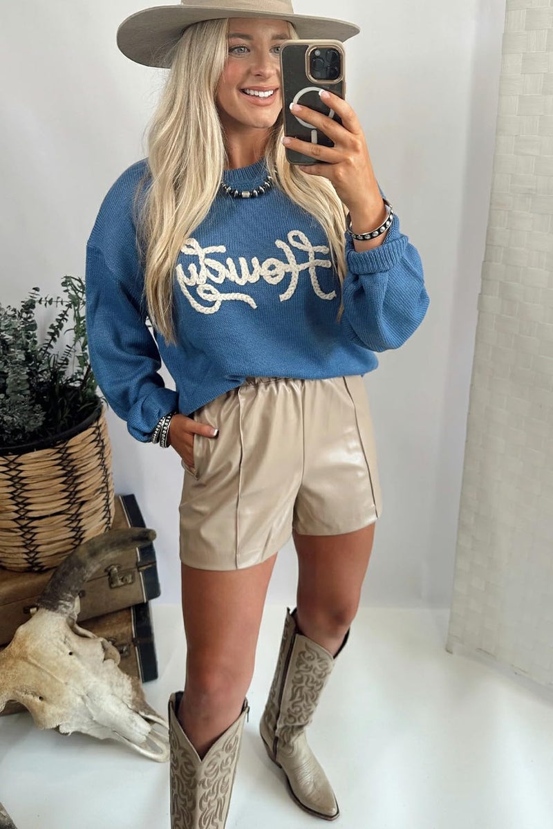 Urchics Womens Casual Pullover Sweater Bows Print Embroidered Graphic Western Sweater Dusk Blue - Image 3