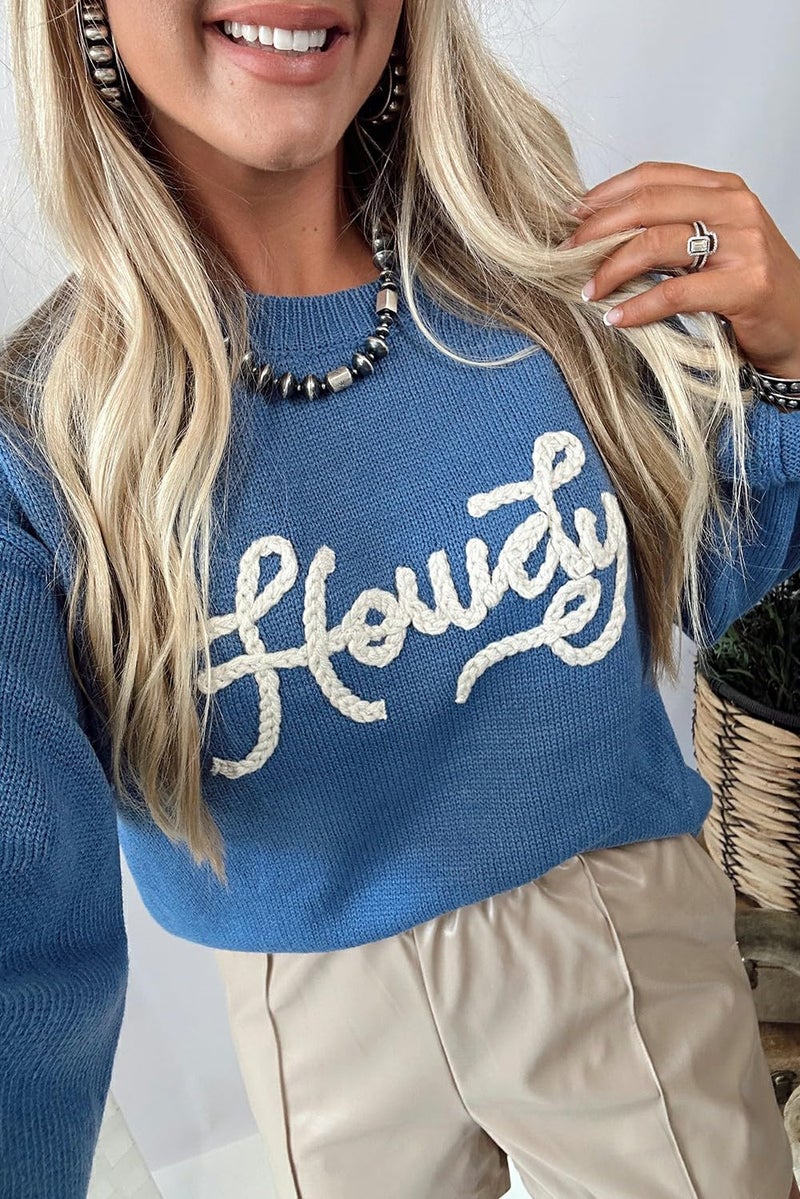 Urchics Womens Casual Pullover Sweater Bows Print Embroidered Graphic Western Sweater Dusk Blue - Image 2