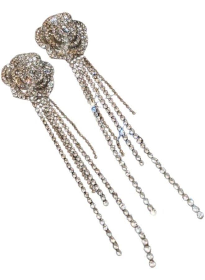 Women’s Long Earrings with Flower Design – Embellished Style – Suitable for Occasions and Outings