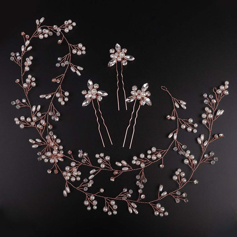 Denifery Bridal Rose Gold Extra Long Pearl and Crystal Beads Bridal Hair Vine Wedding Head Piece Bridal Accessories (Rose gold) - Image 5