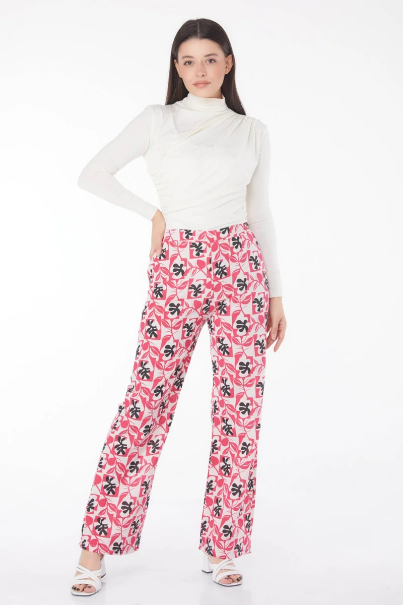 Tofisa Plain Mid Women Fuchsia Leaf Pattern Trousers - 13214