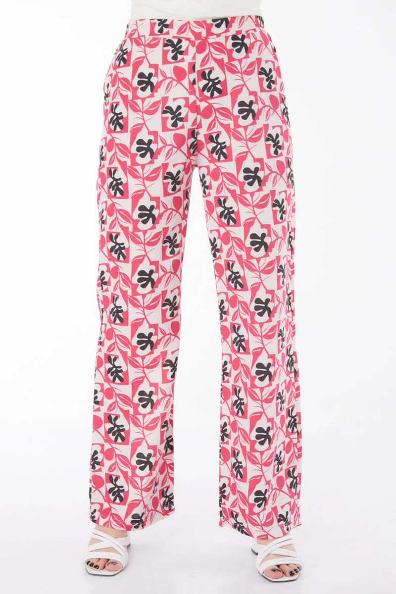 Tofisa Plain Mid Women Fuchsia Leaf Pattern Trousers - 13214
