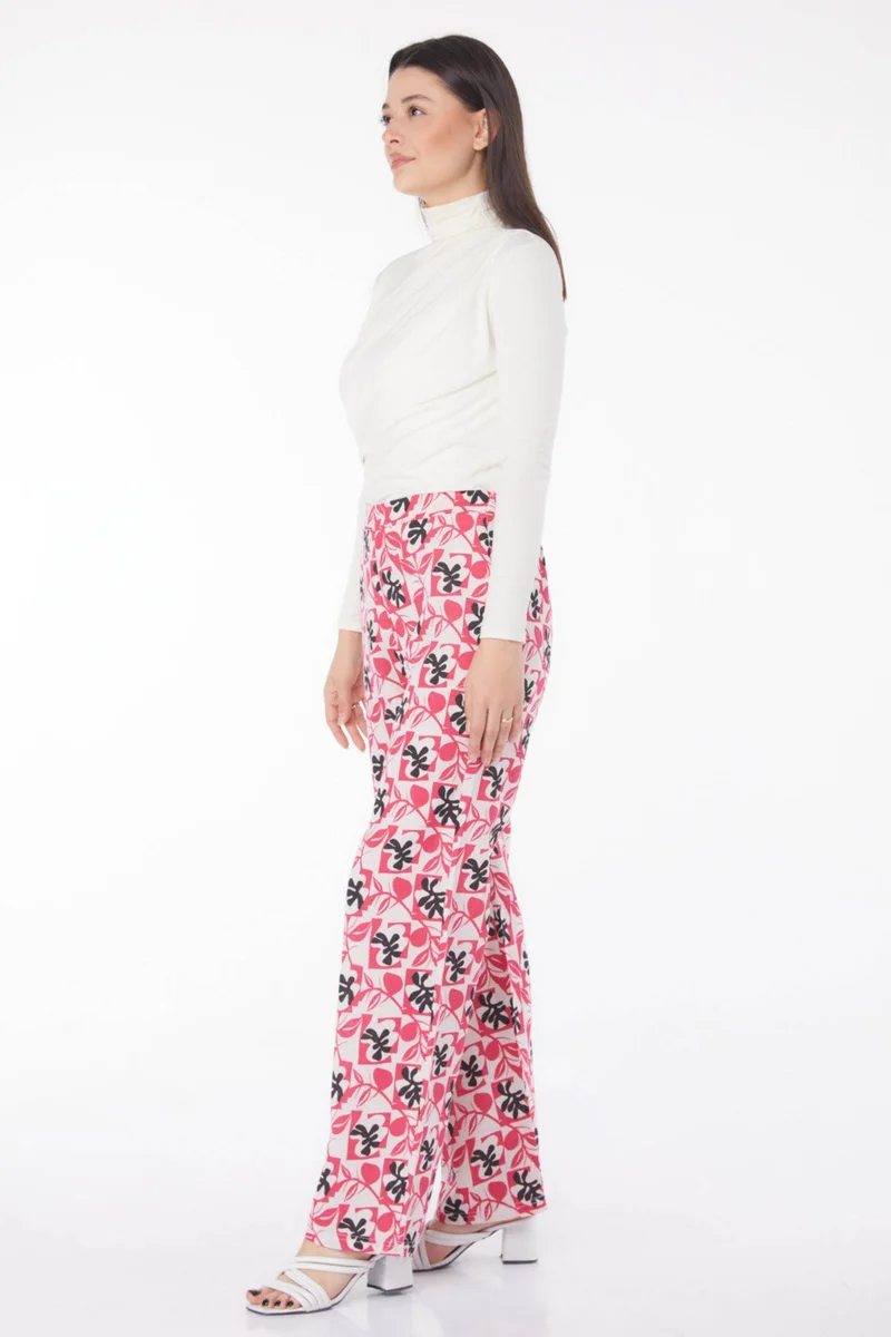Tofisa Plain Mid Women Fuchsia Leaf Pattern Trousers - 13214