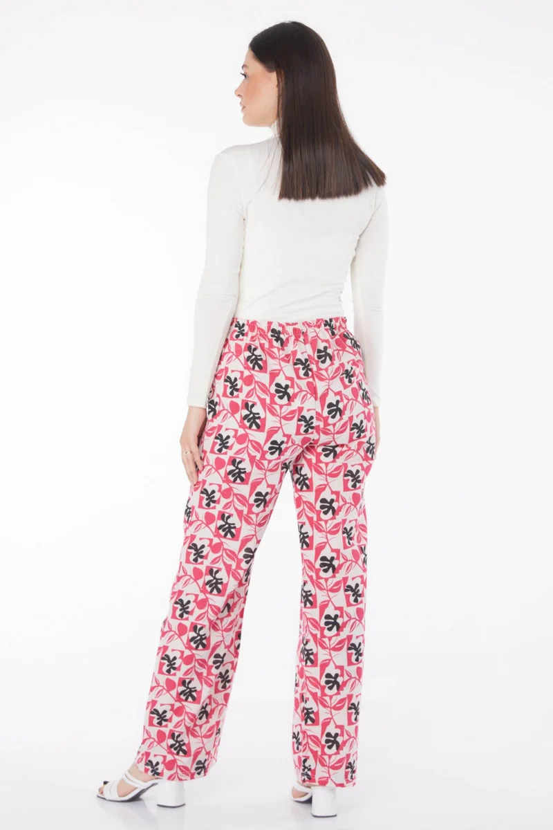 Tofisa Plain Mid Women Fuchsia Leaf Pattern Trousers - 13214