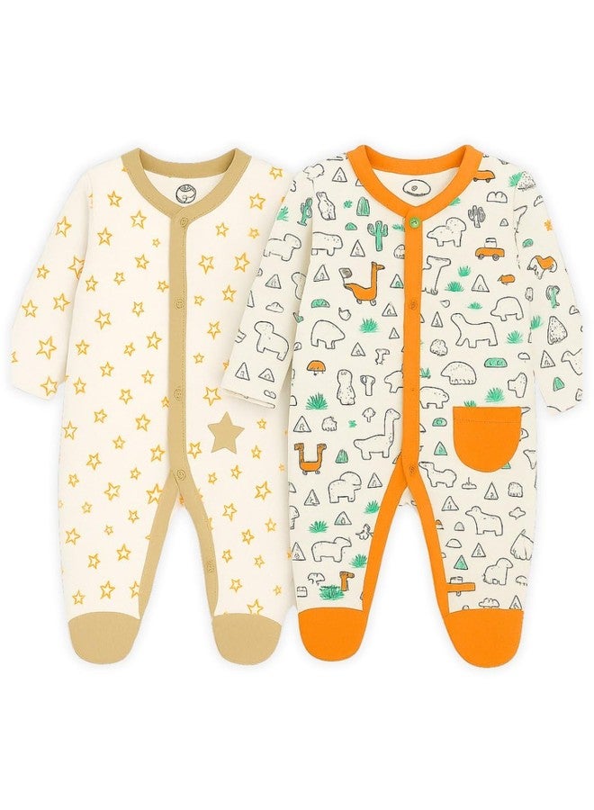 TuddyBuddy 100% Cotton Multi Color Romper Sleepsuit/Romper/Jumpsuit for Baby Boy (2 Pcs Sleepsuits, White Stars AOP & Animals AOP, 3 Months-6 Months) - Image 4