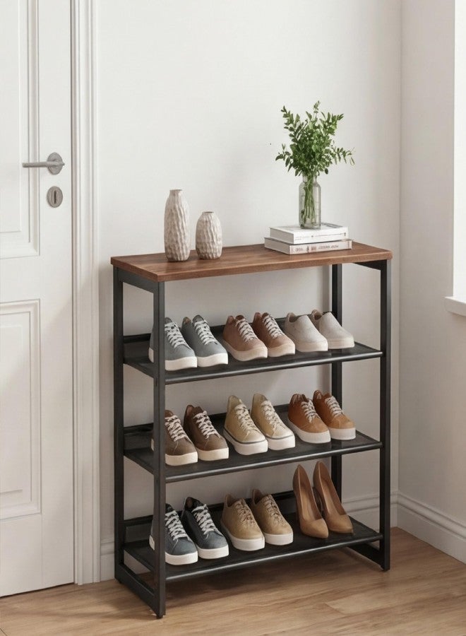 Garden 4 you Shoe Rack for Entryway 4 Tiers 11.8" D x 25" W x 28" H, Metal Shoe Rocks with Brown Wooden Tabletop, Angled Shoes Rack with Adjustable Mesh Shelves for Entryway Hallway Closet - Image 1