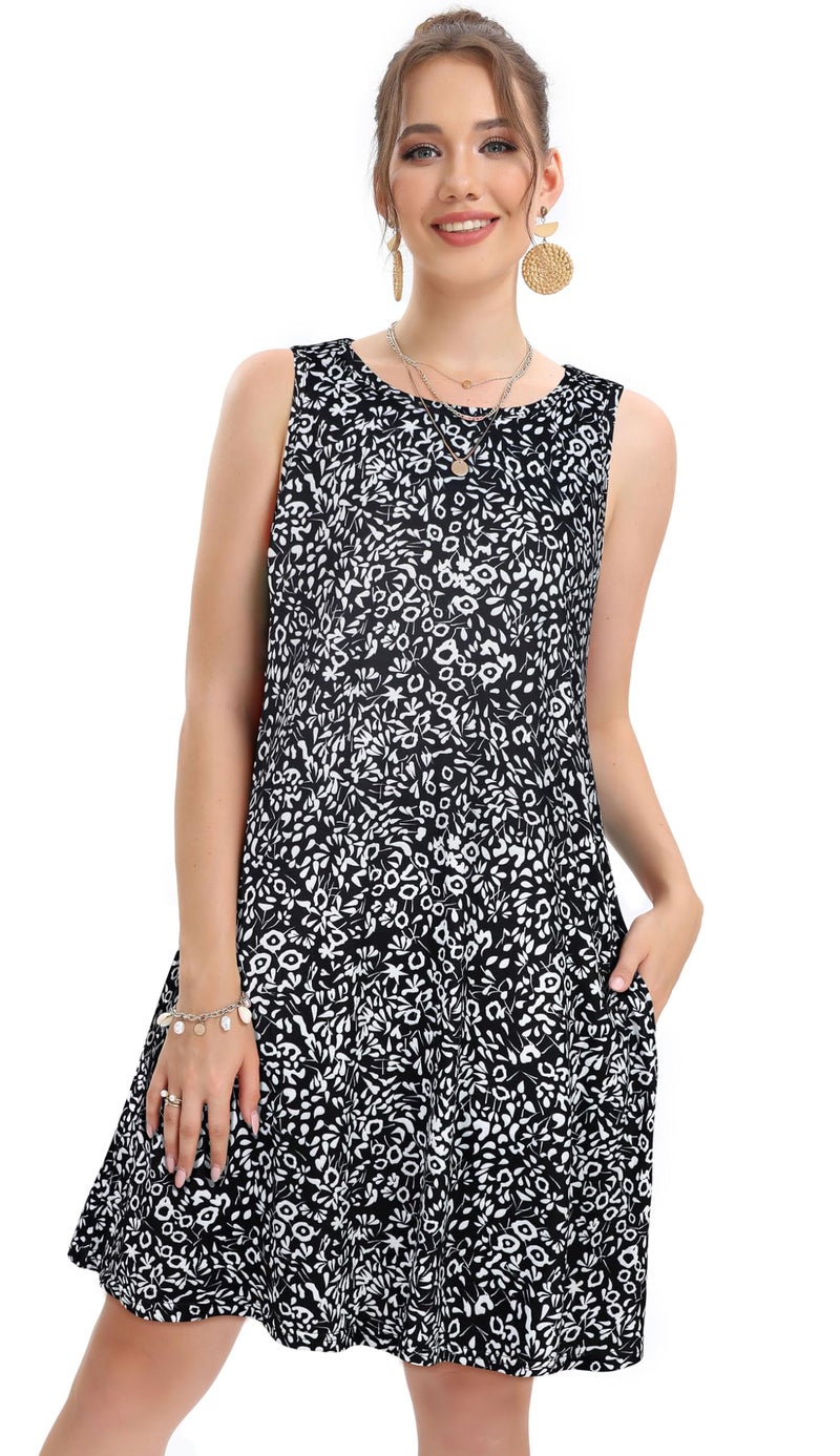 elescat Floral Dresses for Women Summer Beach Sleeveless Sundress Pockets Swing Casual Loose Tshirt Dress(Small Floral Black,M) - Image 2