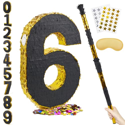 PCFING 20 Inch Number 6 Piata Gold Black with 30 Inch Piata Stick Blindfold Confetti for Man Women Boys Girls Birthday Party Decorations Anniversary Celebration Fiesta - Image 1