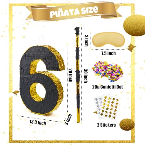 PCFING 20 Inch Number 6 Piata Gold Black with 30 Inch Piata Stick Blindfold Confetti for Man Women Boys Girls Birthday Party Decorations Anniversary Celebration Fiesta - Image 5