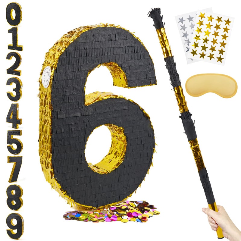 PCFING 20 Inch Number 6 Piata Gold Black with 30 Inch Piata Stick Blindfold Confetti for Man Women Boys Girls Birthday Party Decorations Anniversary Celebration Fiesta - Image 3