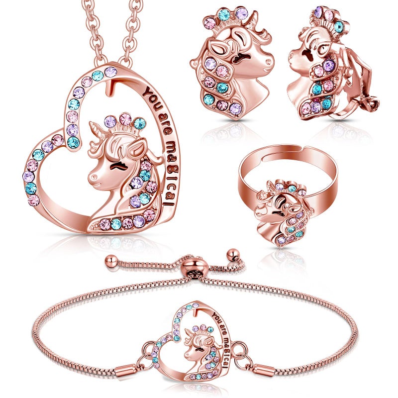 Herdear 4 Pcs Girl Unicorn Axolotl Jewelry Set Unicorn Axolotl Bracelet Ring Stud Earring Crystal Pendant Jewelry for Toddler(Rose Gold,Cute Unicorn) - Image 1