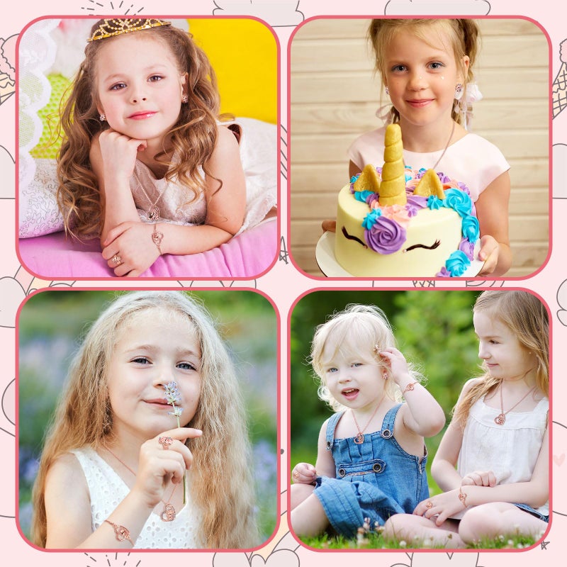 Herdear 4 Pcs Girl Unicorn Axolotl Jewelry Set Unicorn Axolotl Bracelet Ring Stud Earring Crystal Pendant Jewelry for Toddler(Rose Gold,Cute Unicorn) - Image 5