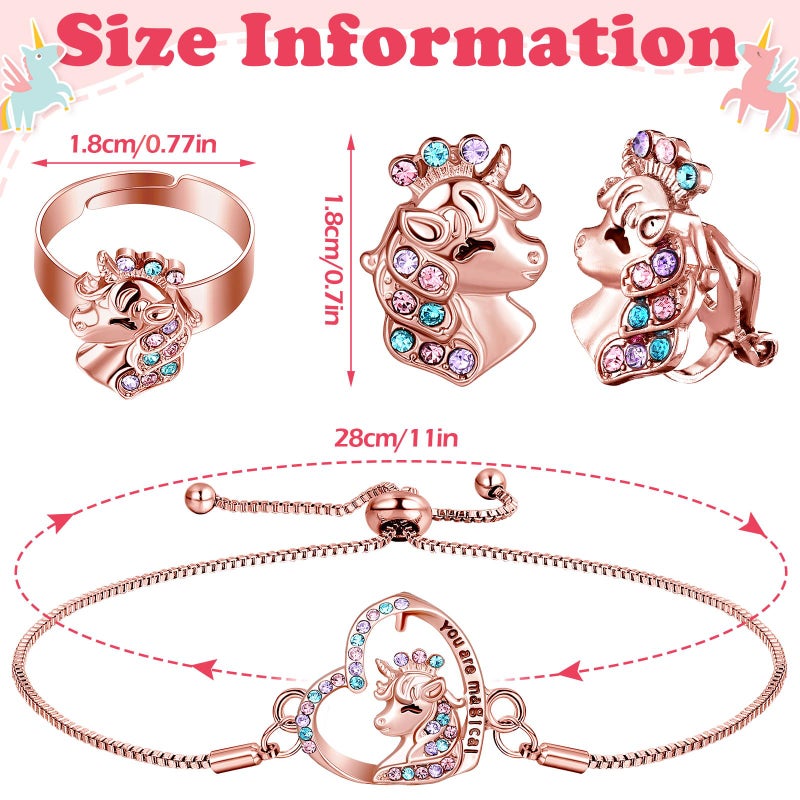 Herdear 4 Pcs Girl Unicorn Axolotl Jewelry Set Unicorn Axolotl Bracelet Ring Stud Earring Crystal Pendant Jewelry for Toddler(Rose Gold,Cute Unicorn) - Image 4