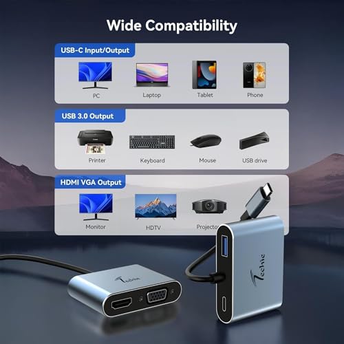Techie Type-C 4-in-1 Hub with HDMI 4K, VGA 1080P, USB 3.0 5Gbps, and 100W Power Delivery for MacBook iPad Pro Windows Laptops and Tablets (Silver) - Image 4