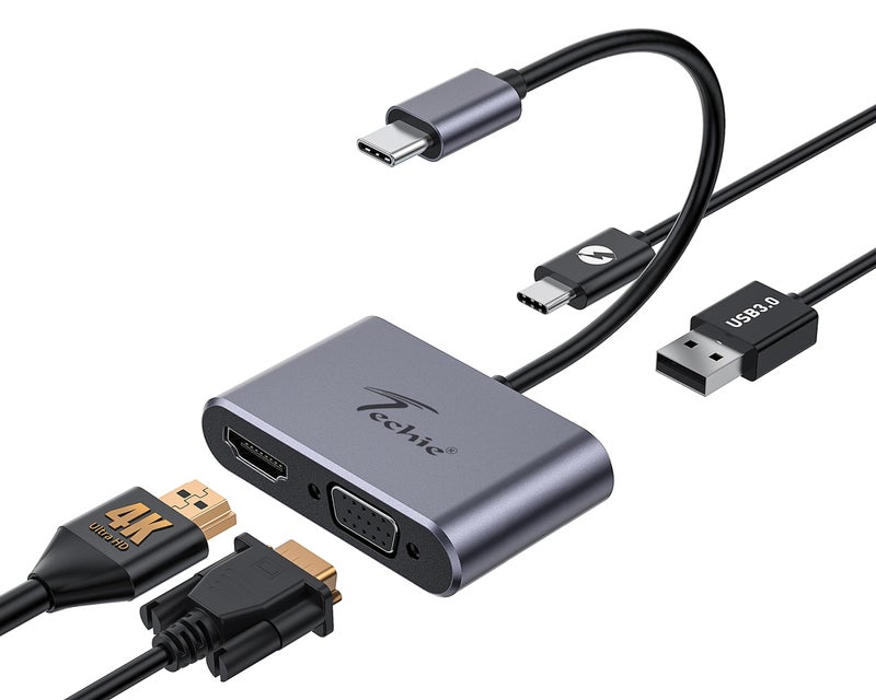 Techie Type-C 4-in-1 Hub with HDMI 4K, VGA 1080P, USB 3.0 5Gbps, and 100W Power Delivery for MacBook iPad Pro Windows Laptops and Tablets (Silver) - Image 1