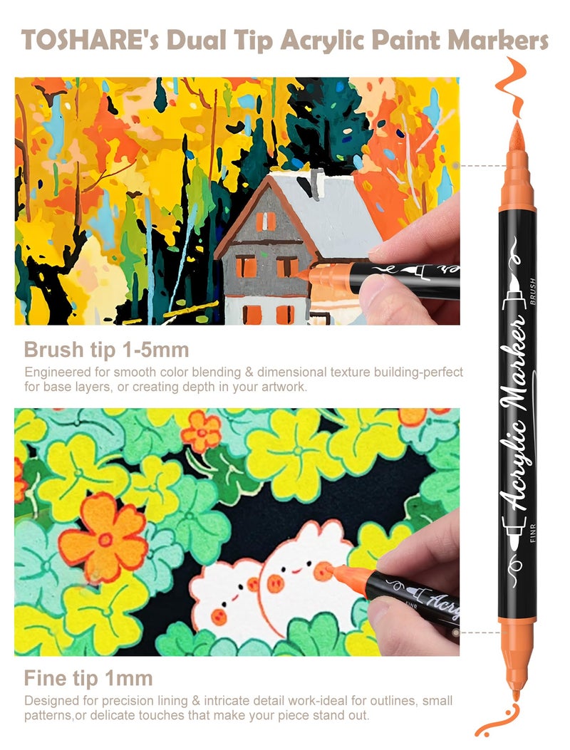 TOSHARE 30 Colors Acrylic Paint Markers - Waterproof Dual Tip Acrylic Paint Pens with Brush & Fine Tip Professional Marker Set Scrapbook Markers for Paper Rock Wood Fabric Glass Ceramic and DIY Crafts - Image 2