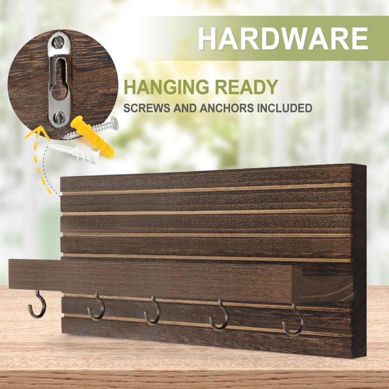 Lwenki Decorative Key Holder for Wall with Shelf, Entryway Shelf with Hooks Holds Leashes, Jackets and Glasses â€“ Sturdy Wood Keyholder Entrance Hanger with Mounting Hardware (Brown, Medium) - Image 4