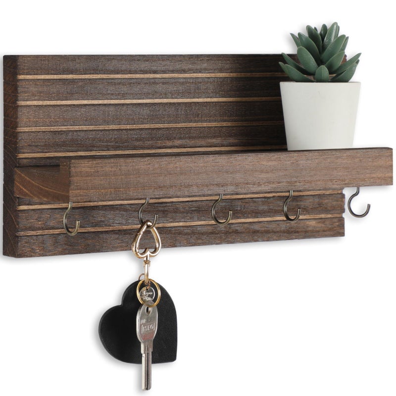 Lwenki Decorative Key Holder for Wall with Shelf, Entryway Shelf with Hooks Holds Leashes, Jackets and Glasses â€“ Sturdy Wood Keyholder Entrance Hanger with Mounting Hardware (Brown, Medium) - Image 1