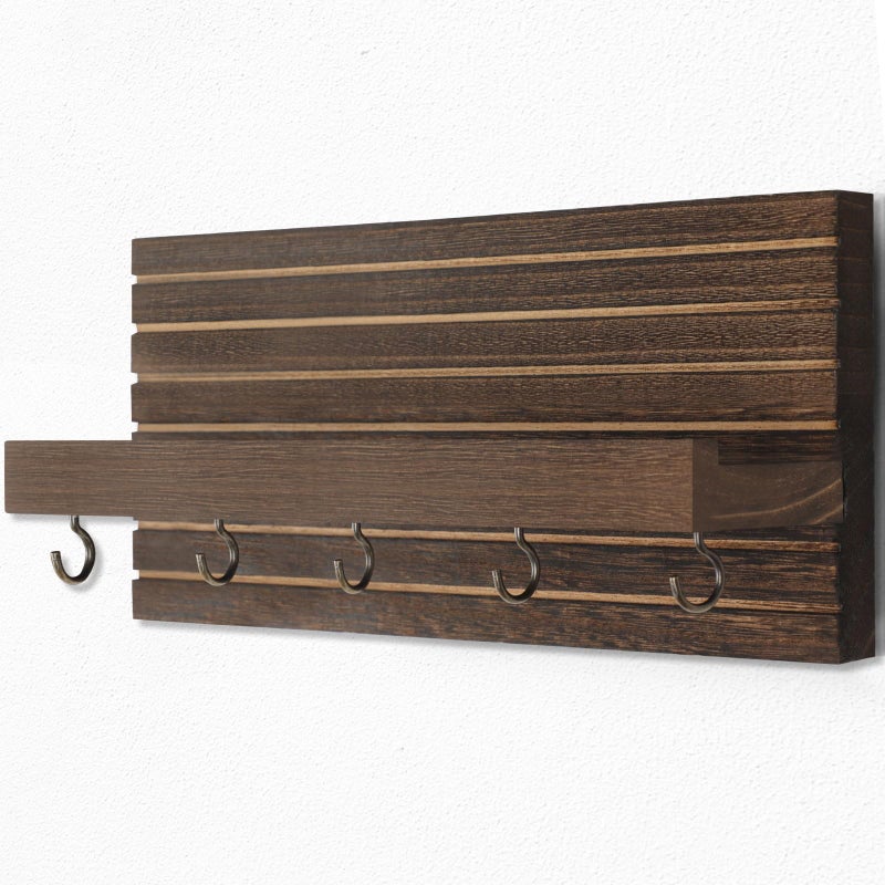 Lwenki Decorative Key Holder for Wall with Shelf, Entryway Shelf with Hooks Holds Leashes, Jackets and Glasses â€“ Sturdy Wood Keyholder Entrance Hanger with Mounting Hardware (Brown, Medium) - Image 2