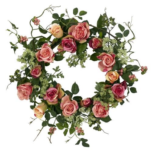 Nearly Natural 4802 Rose Wreath, 20-Inch, Peach,15" x 6" x 15" - Image 1