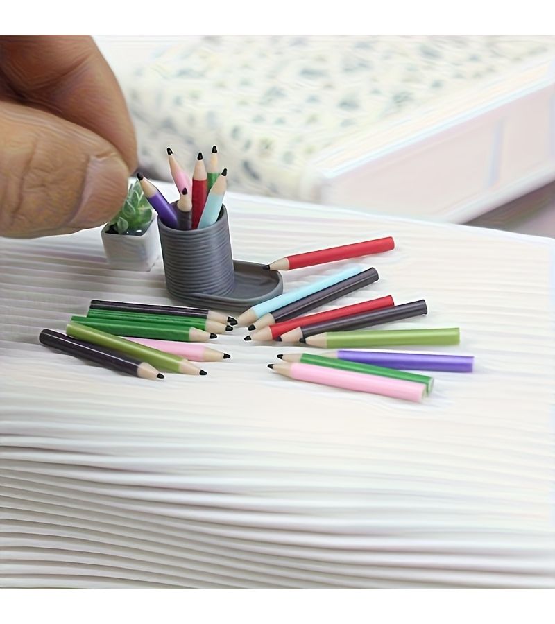 Miniature Colored Pencils Set of 3 or 6 With Holder Dollhouse Decoration Stationery Desk Ornament Photography Prop - Image 2