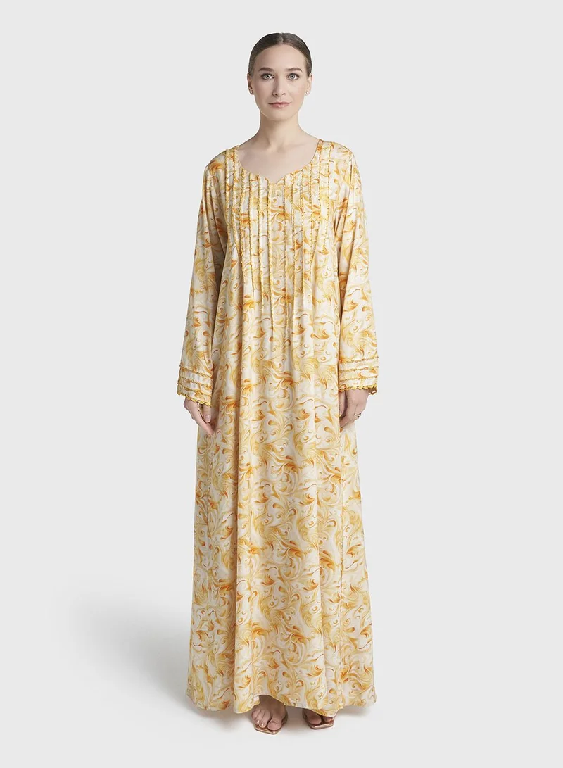 كشخة Yellow Colour Hand Work Rayon Abstract Printed Jalabiya (VG3376)