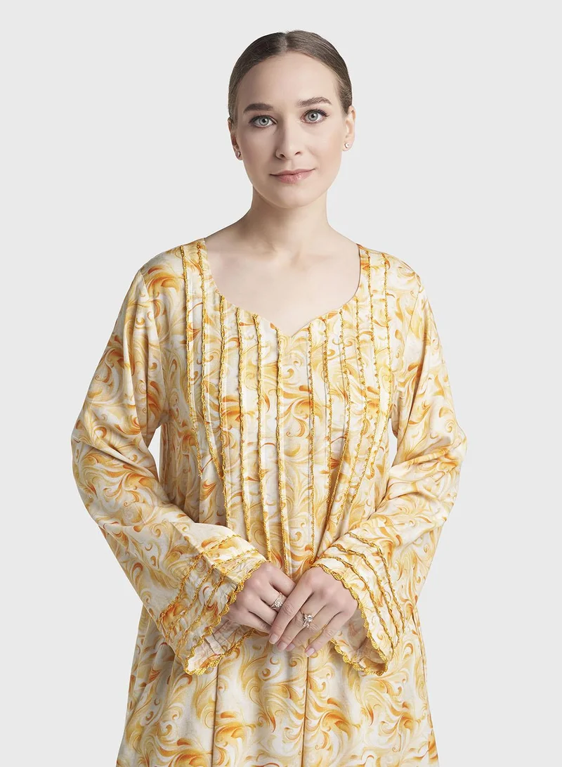كشخة Yellow Colour Hand Work Rayon Abstract Printed Jalabiya (VG3376)